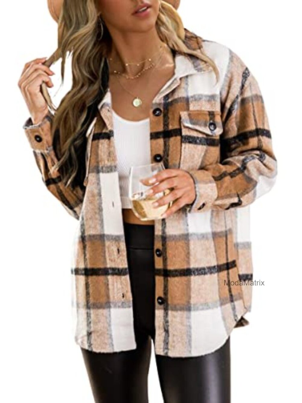 Plaid Flannel Button Down Shacket Fuzzy Midweight Collared Casual Layer